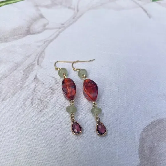 Amber Garnet Wine Red Crystal Glass Cantaloupe Fruit Green Casual Earrings - Picture 5 of 6